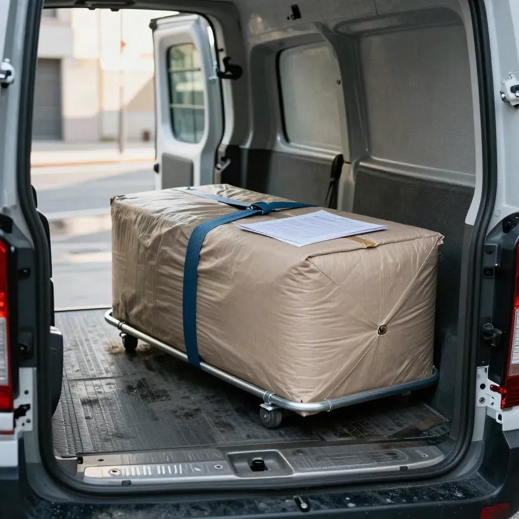 Open courier van with sealed parcel bundle, document sleeve, cargo blanket, and wet curb in daylight.