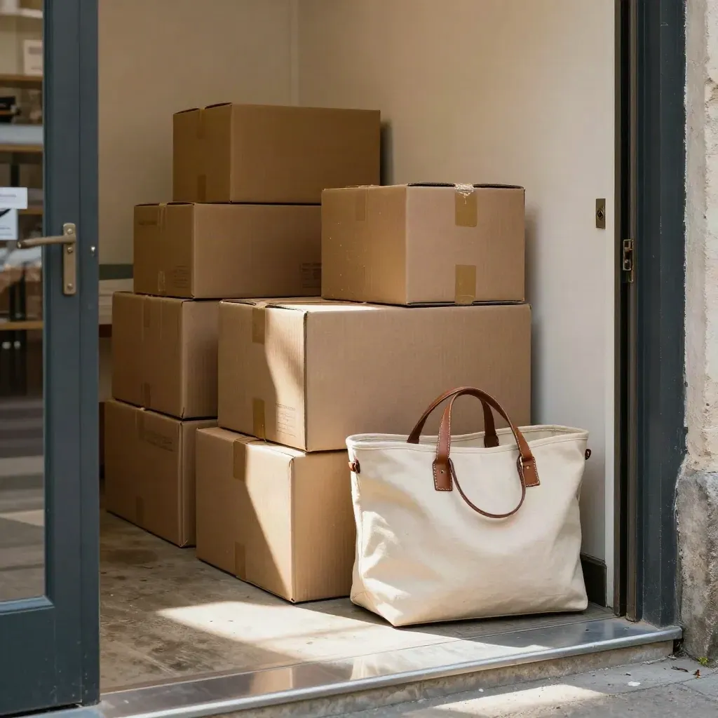 Sealed parcels and a canvas pickup tote staged in a small storefront loading alcove at pickup time.
