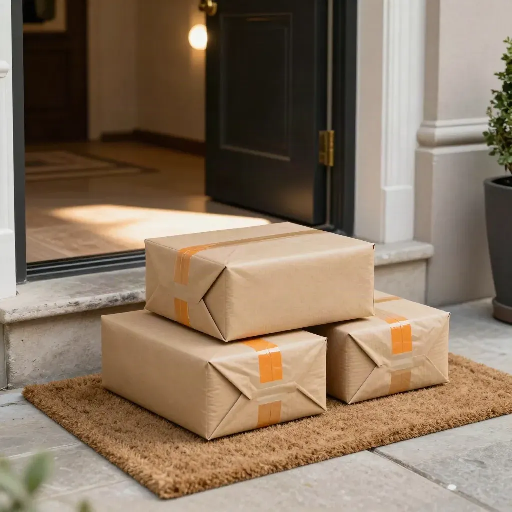 Two sealed parcels on a townhouse doormat at dusk, lit by warm raking light and soft haze
