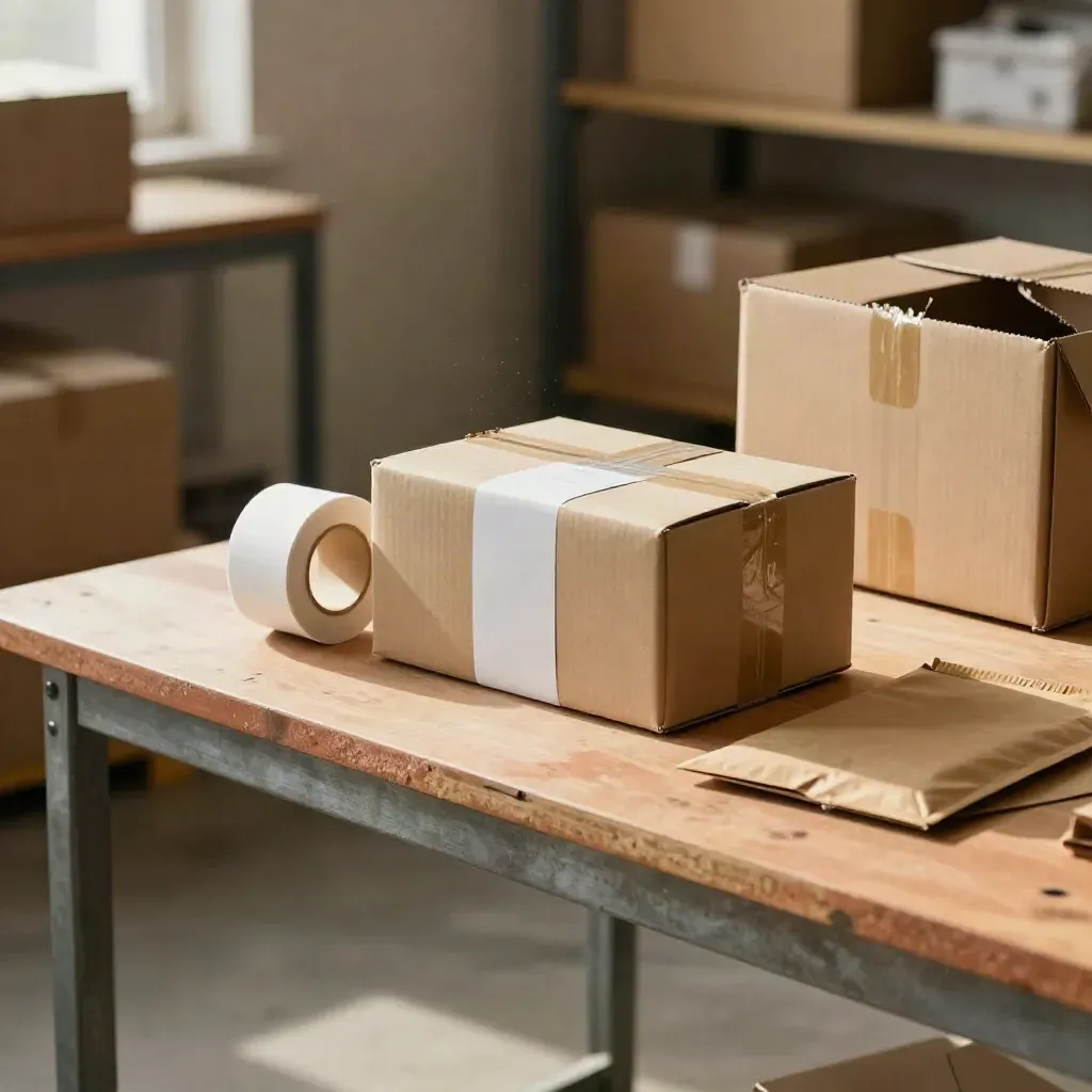 Sealed parcel on a warehouse packing bench with tape, label roll and kraft mailer