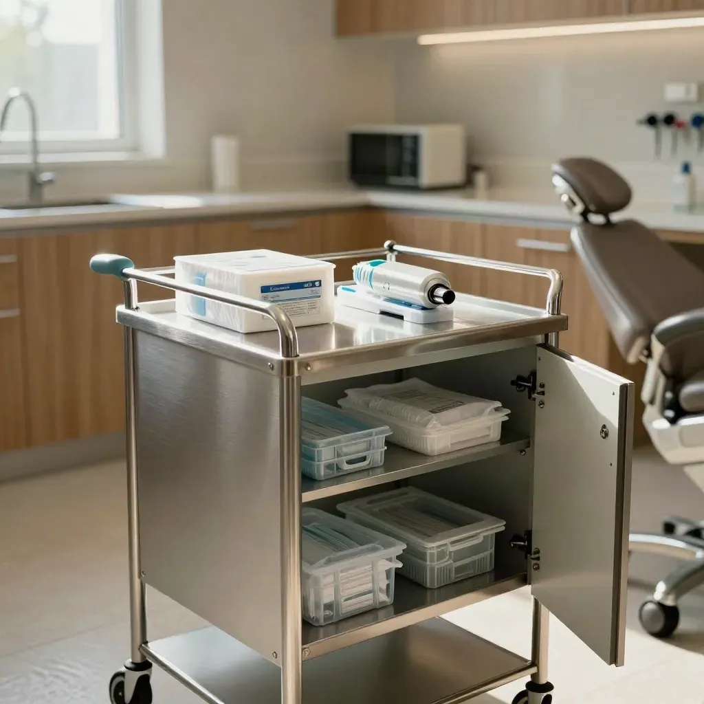Clinic parts cart and open supply cabinet in a restored dental treatment room.