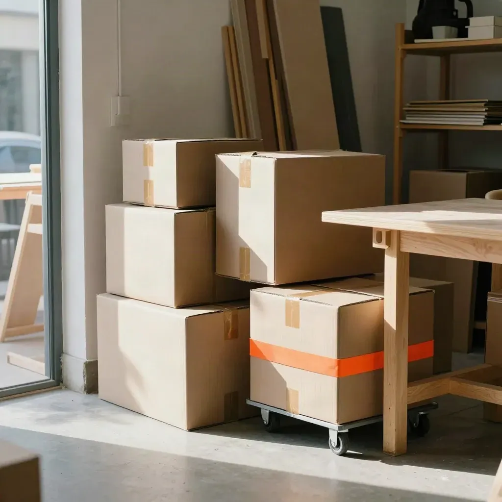 Outbound art boxes and a rolling crate in a sunlit studio pickup corner.