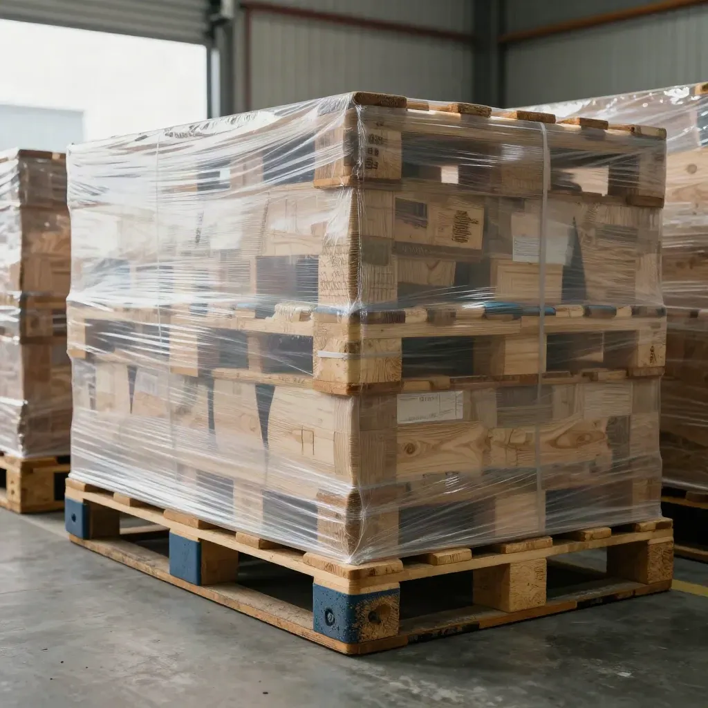 Shrink-wrapped freight pallets lined at a dock bay in crisp order, with navy bumpers and haze.