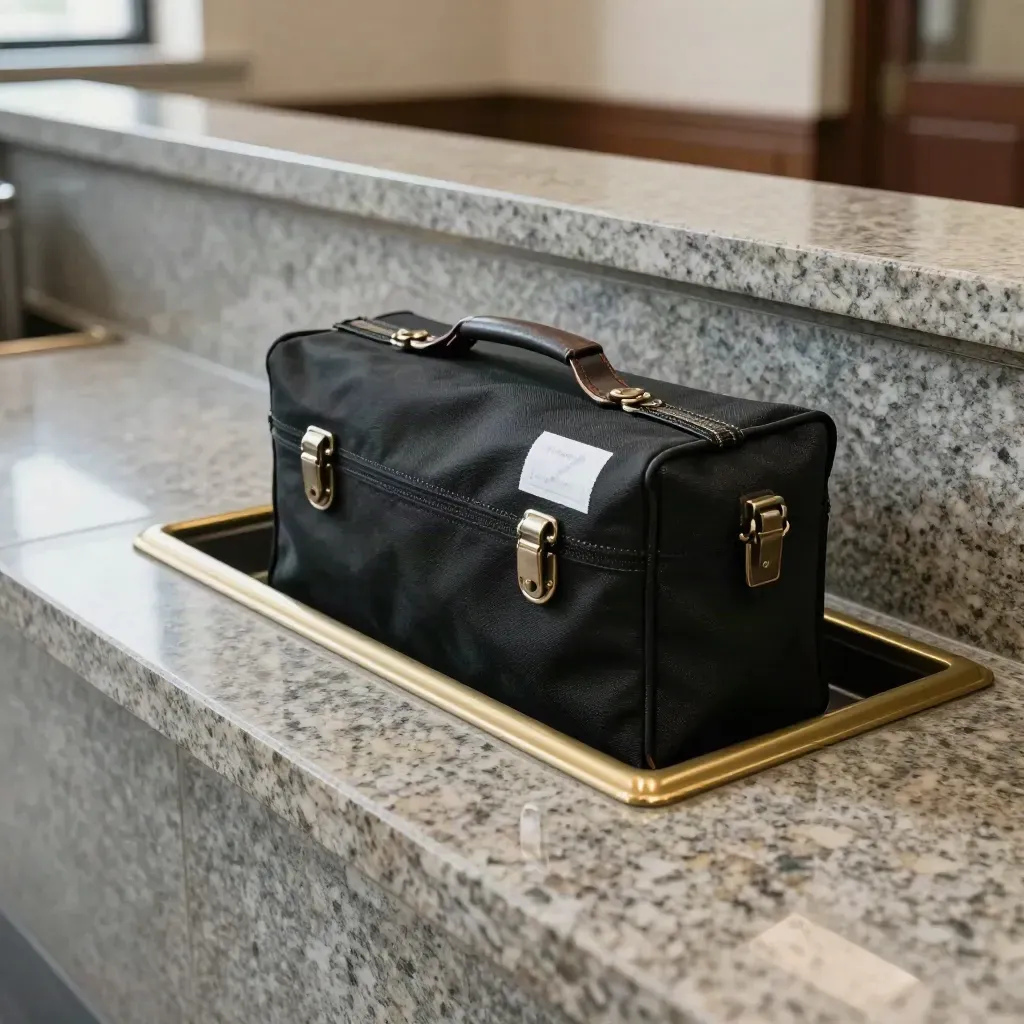 Sealed courier satchel sliding into a brass courthouse slot tray on granite counter.