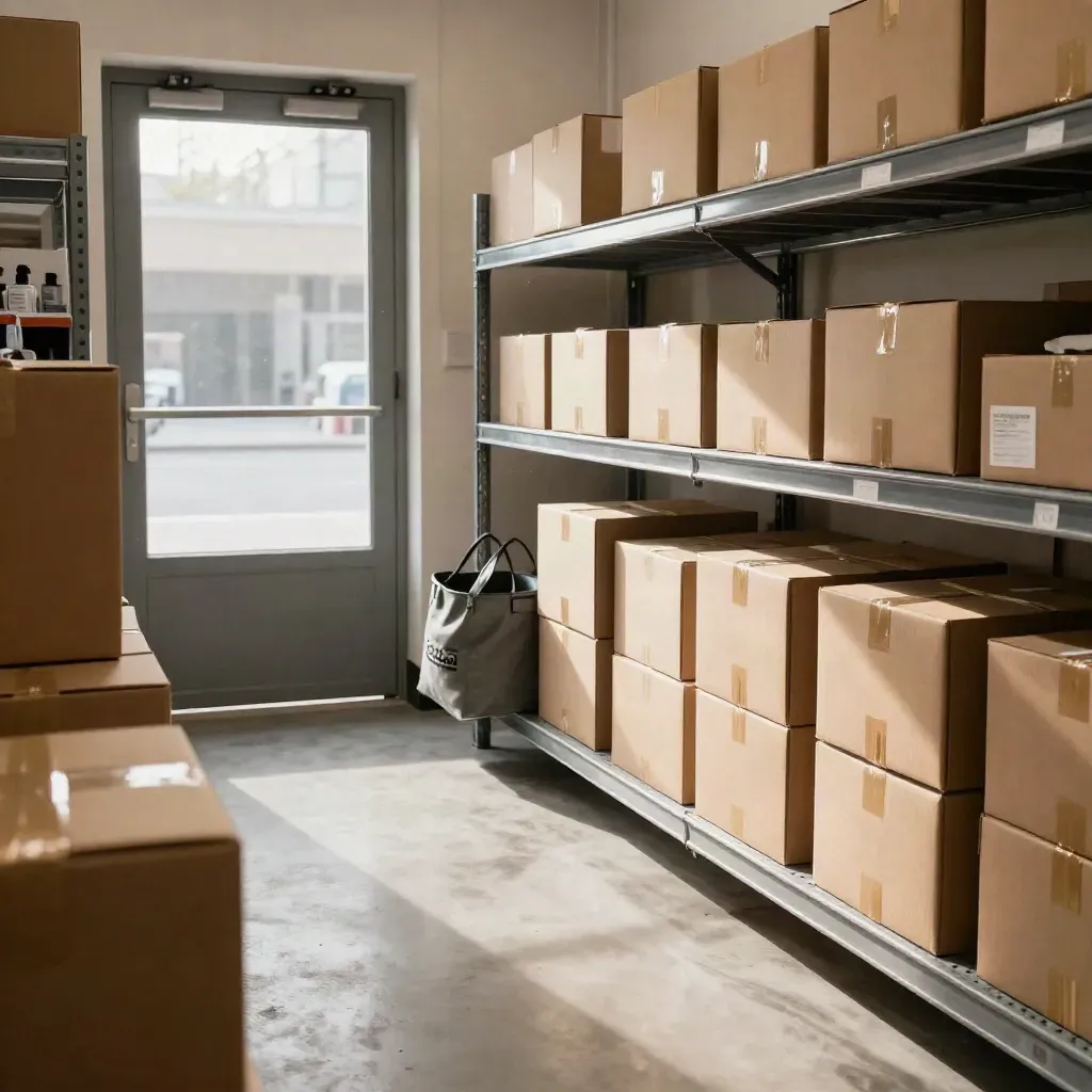 Sealed pet-supply cartons and a slate-gray tote in a warm stockroom aisle by the back door.