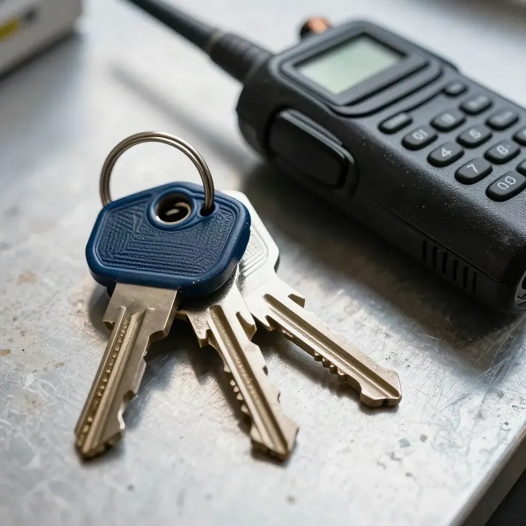 Extreme macro of courier route keys, a seal cutter, and a dispatch radio on brushed aluminum.