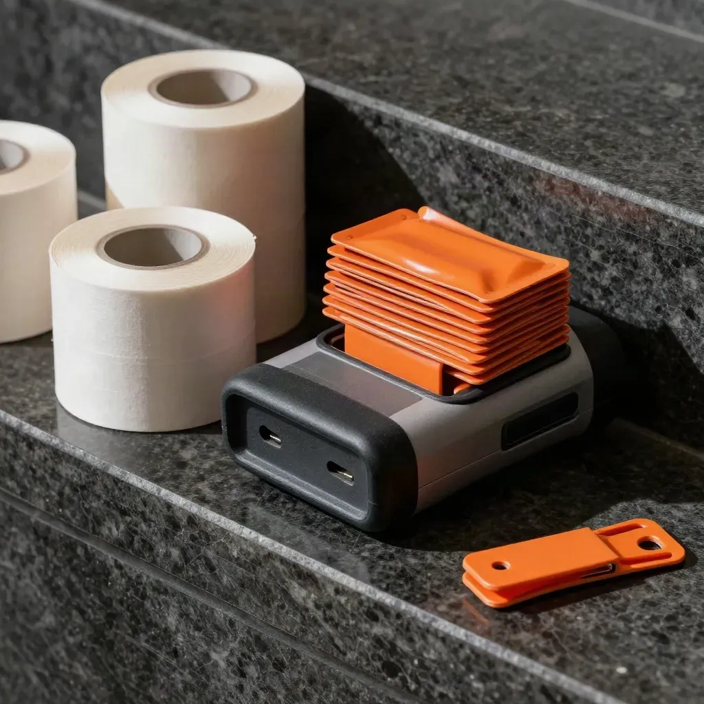 Scanner cradle, orange parcel clips, and thermal rolls on dark stone in dramatic side light.