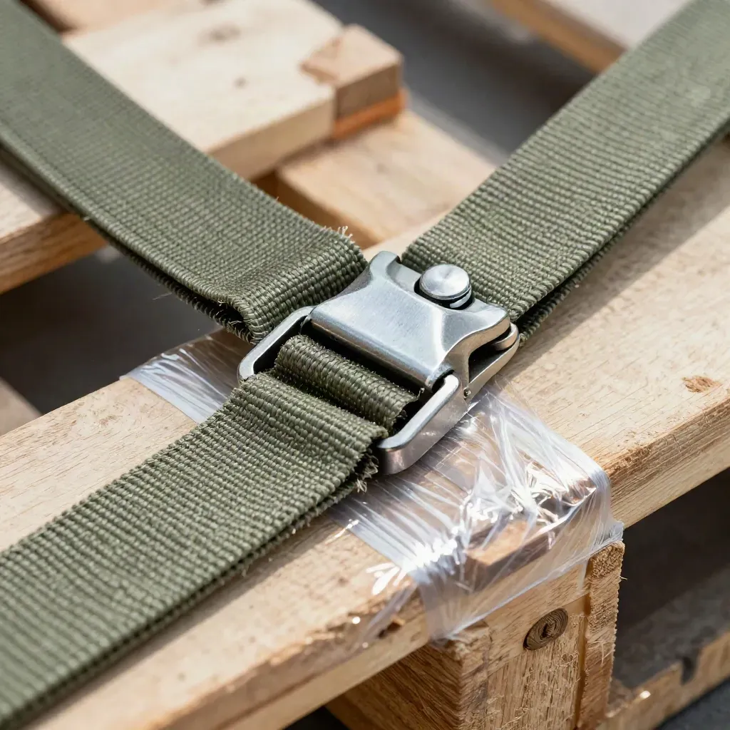 Close-up of cargo strap webbing, a ratchet buckle and shrink wrap over a pale wood pallet.