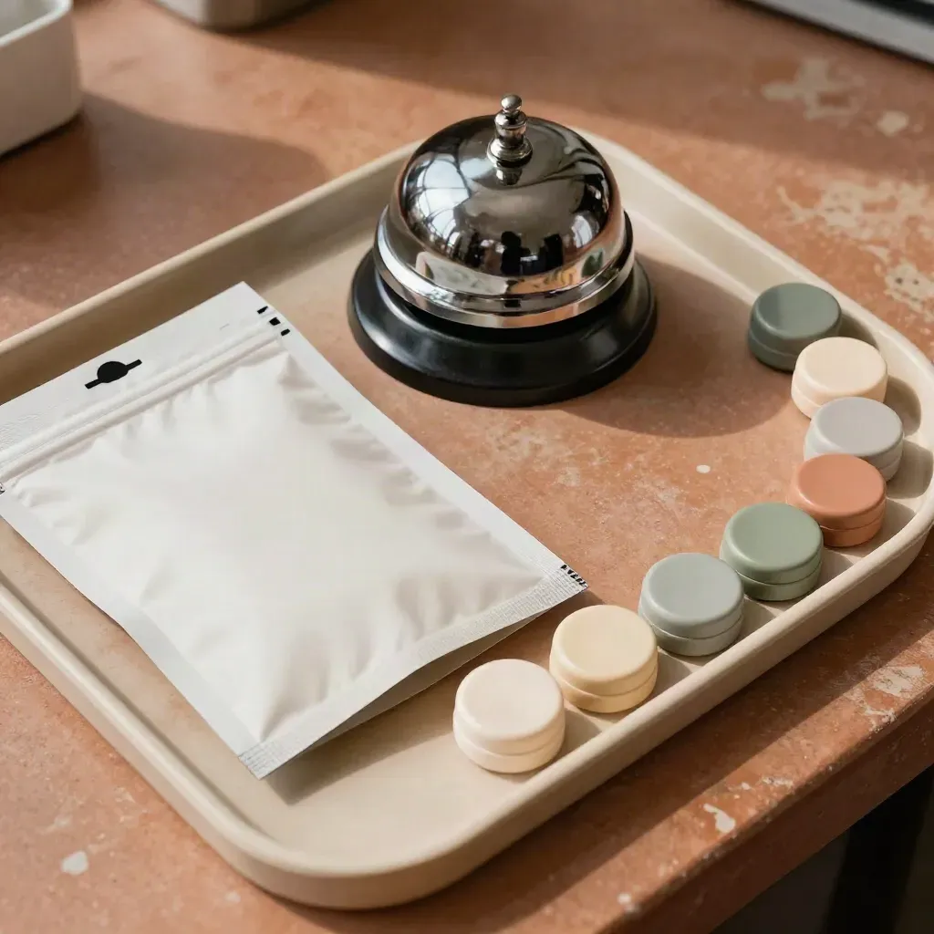 Top-down still life of a return pouch, desk bell, and service chips on a cream tray.