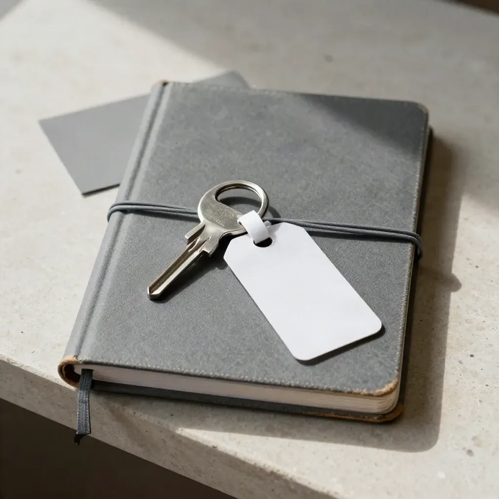 Overhead stone-shelf still life of a courier notebook, parcel key ring, and sealed route tag.
