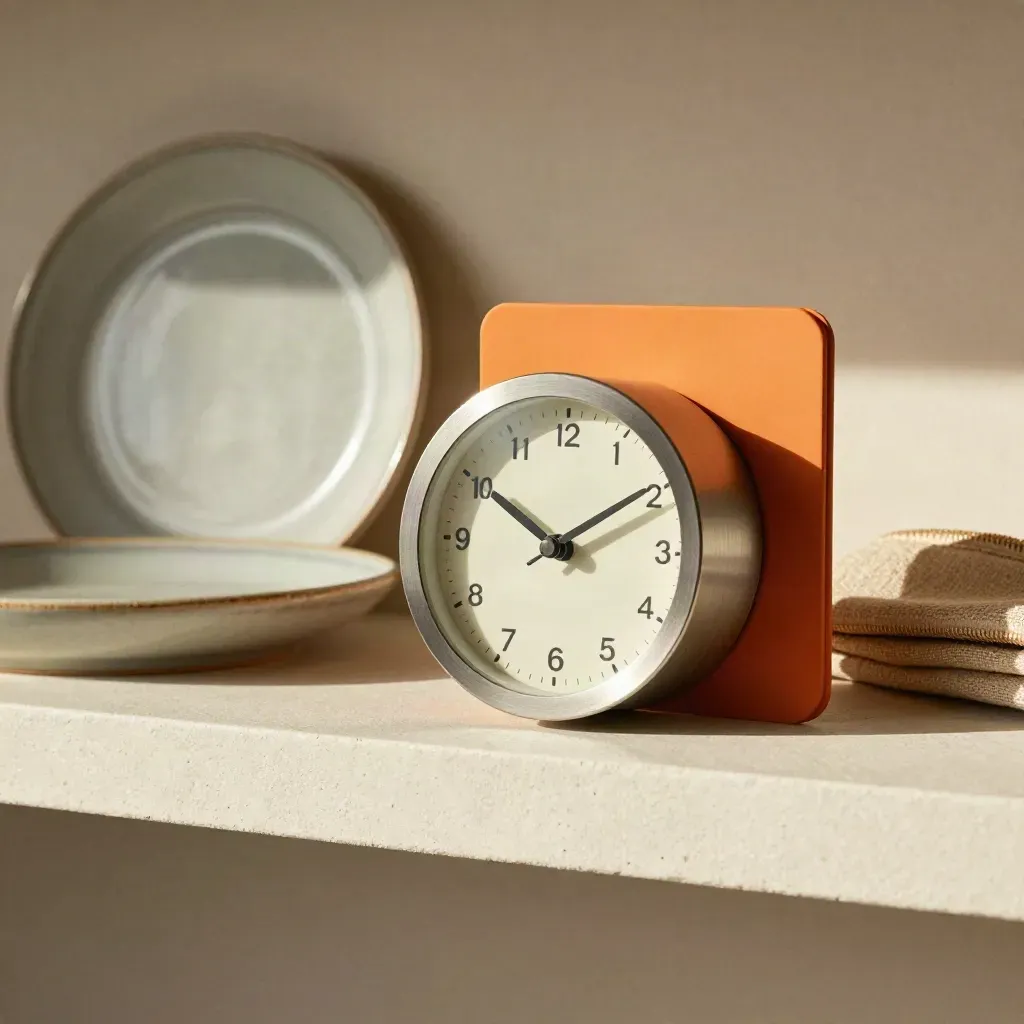 Clock, orange time tile and courier zipper pull on a muted ceramic tray.