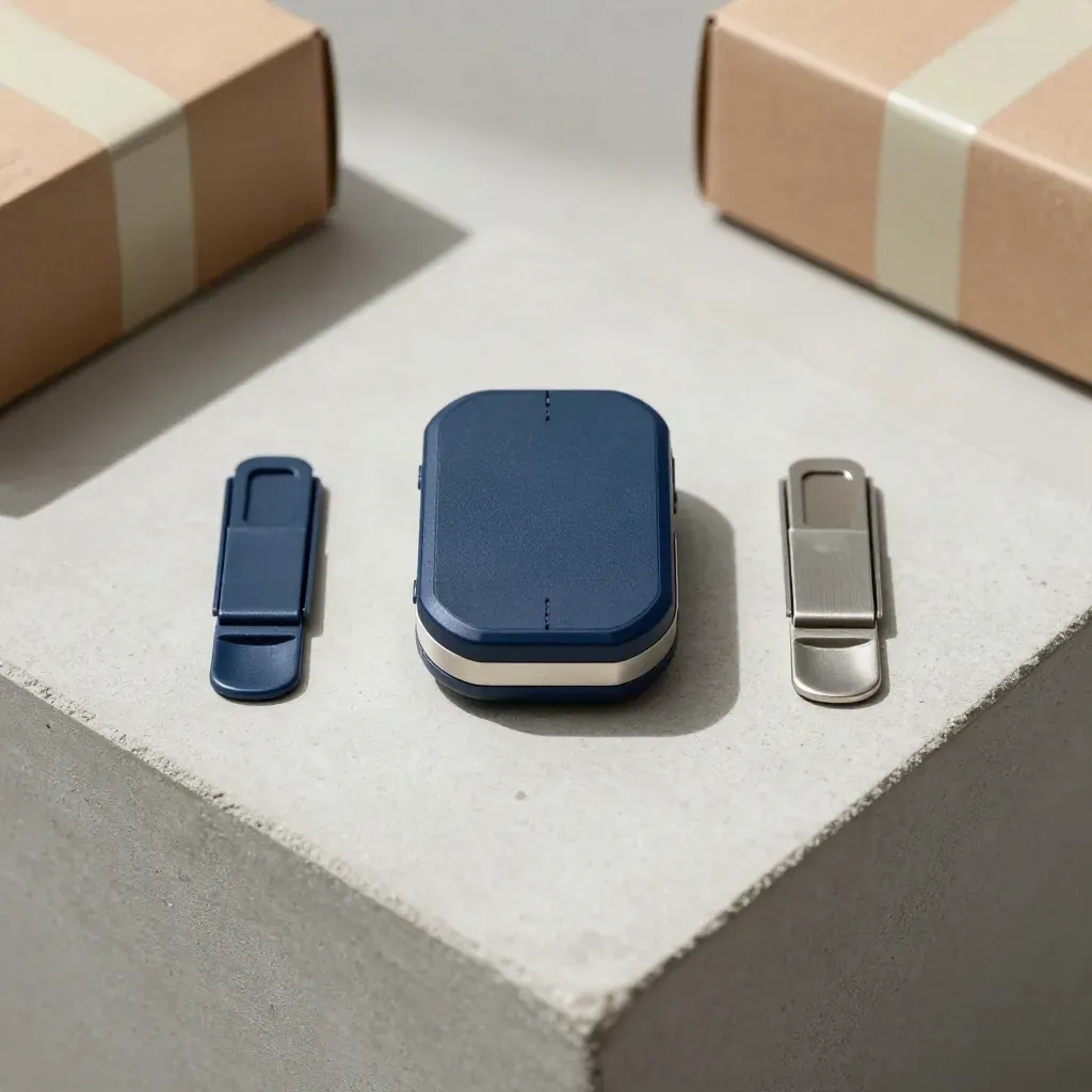 GPS tracker puck with parcel clips and taped carton corner on concrete
