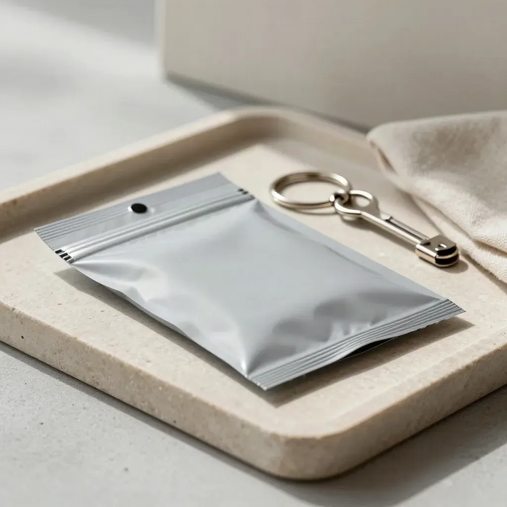 Proof pouch, key ring and metal clip on a pale stone tray in soft side light.