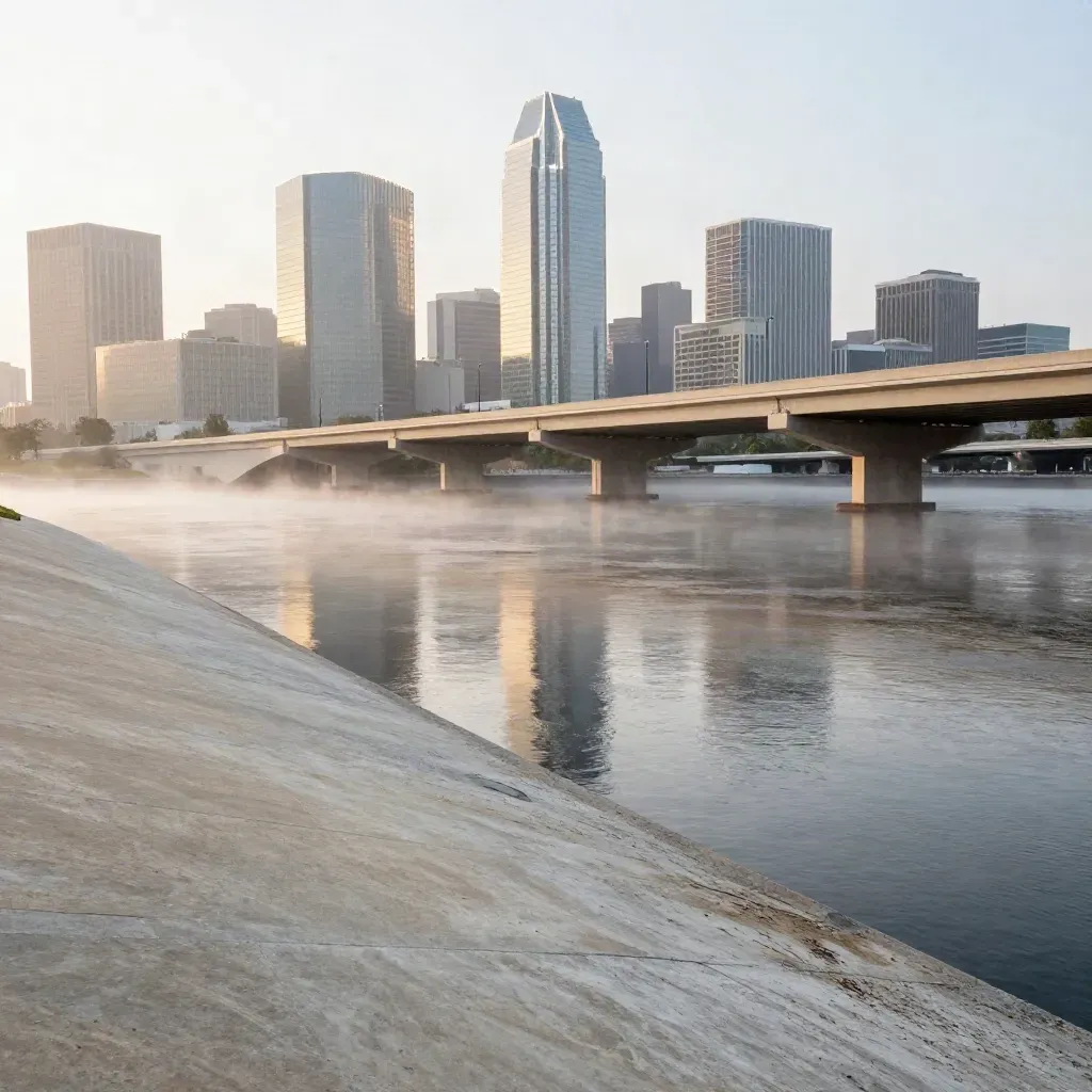Dallas skyline over the Trinity floodplain at dawn with mist and a high overpass