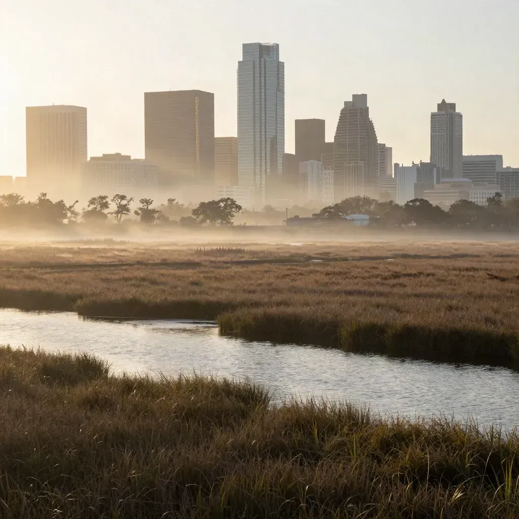 Houston skyline above misty bayou wetlands at dawn