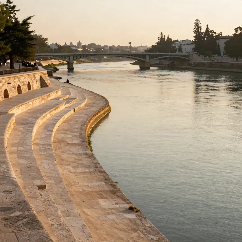 San Antonio River bend with limestone terraces, warm haze, and calm water for headline copy.