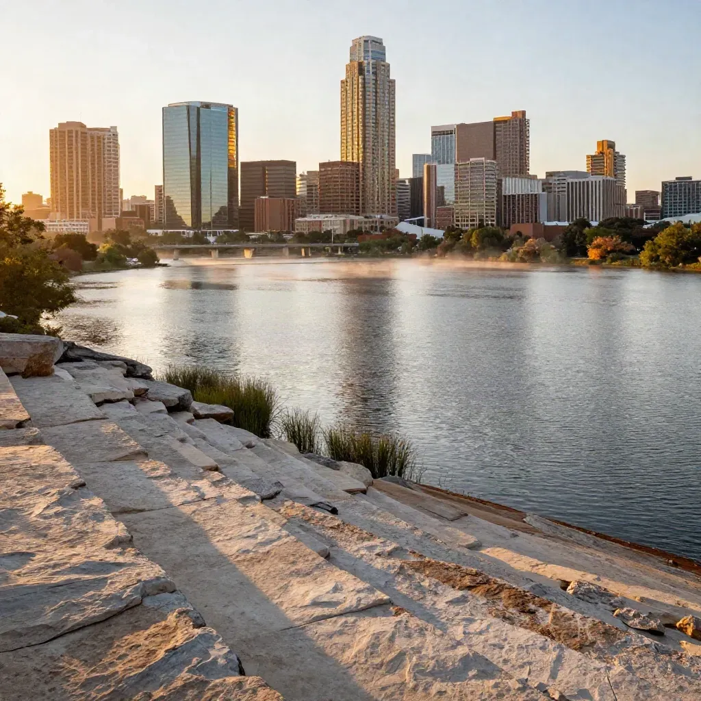 Austin skyline over Lady Bird Lake at sunset with limestone banks and calm water.