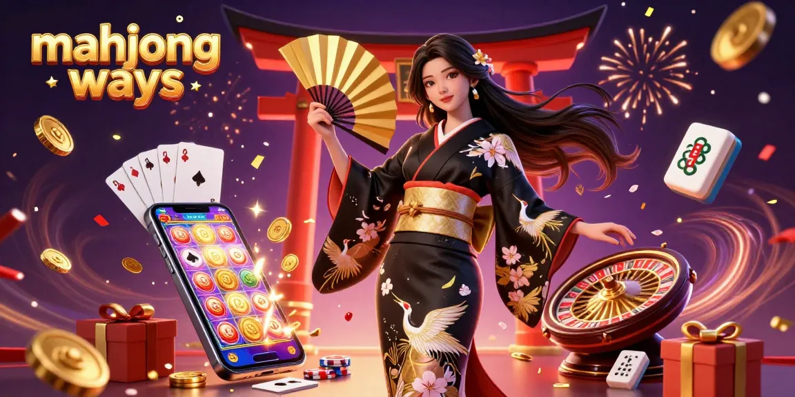 Experience mahjong ways with a stunning illustration of a graceful Asian woman amidst vibrant casino elements and magical visuals.
