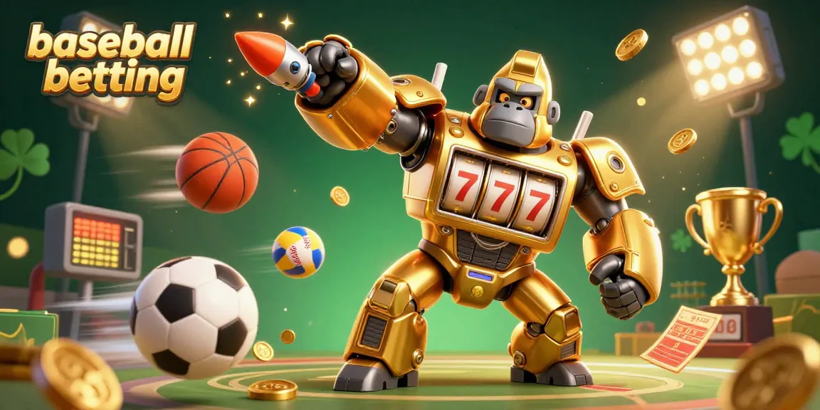 Engage in baseball betting with a dynamic 3D illustration featuring a mech gorilla and sports elements.