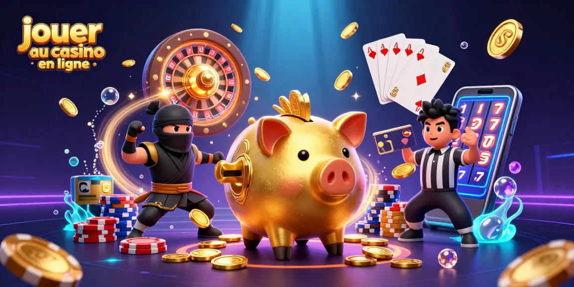Visualisation amusante de personnages interactifs représentant le jeu de jouer au casino en ligne avec des pièces d'or et des cartes brillantes.