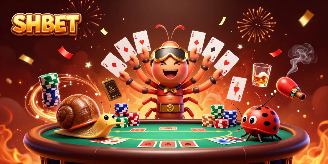 Engage with SH BET at an exciting casino scene with a cartoon millipede dealer and vibrant poker elements.