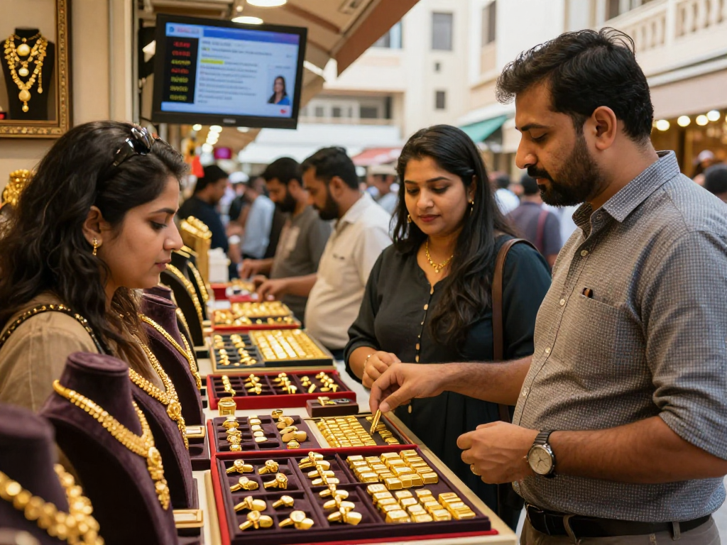 Gold exchange at Bahrain market featuring mantra 88 jewelry and 24K bullion in a vibrant setting.
