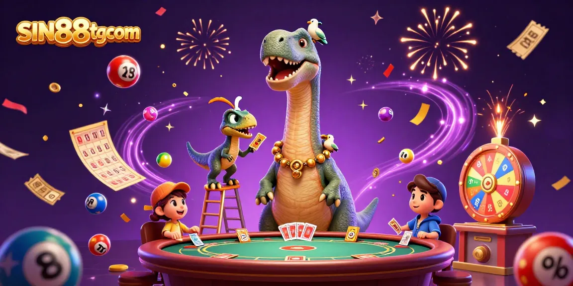 Join the lively gaming scene at SIN88tgcom with a giant brontosaurus and a clever raptor dealing cards.