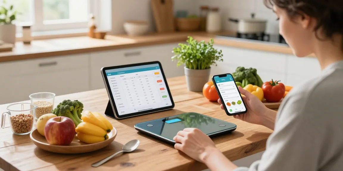 Smartphone screen displaying the best calorie tracker app while measuring fresh ingredients on a table.