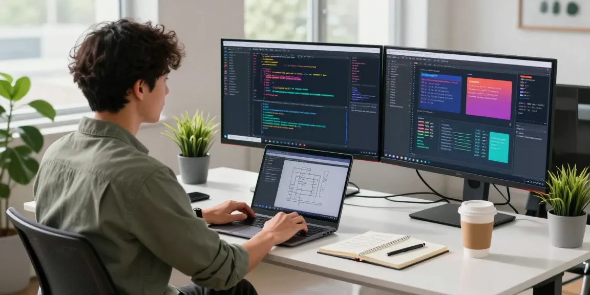 Developer coding at a modern workspace showing application design on dual monitors at teiegramin.com.