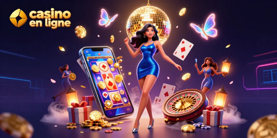 Vivez l'excitation du casino en ligne avec une femme glamour dansant au milieu d'éléments de jeu vibrants.