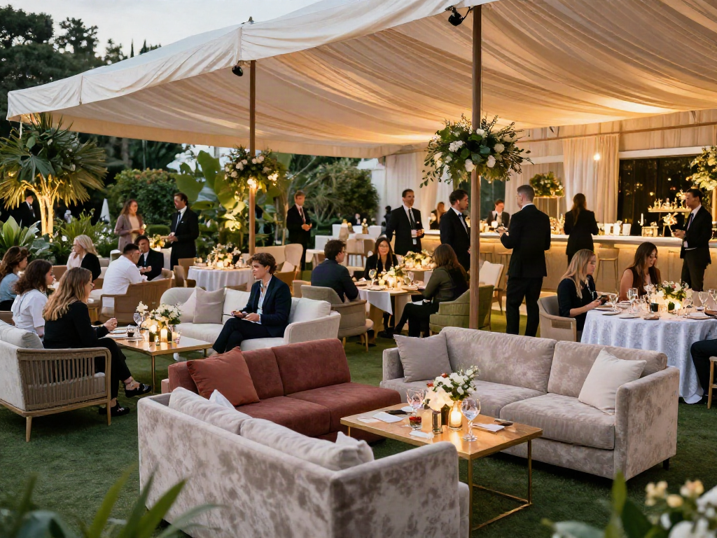 Event furniture rental for upscale outdoor venue setup with elegant seating and décor