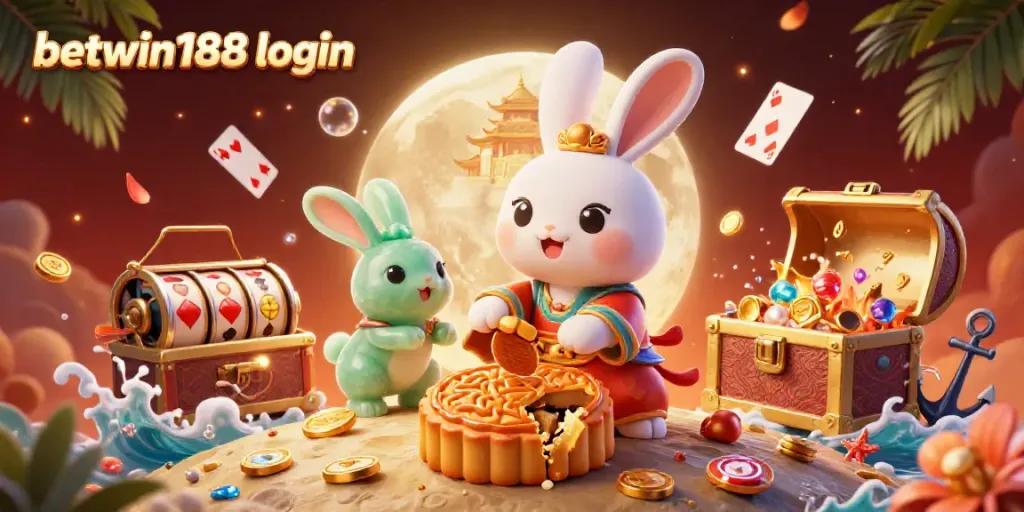 Gambarkan betwin188 login dengan kelinci bulan dan koin poker mengelilingi slot mesin dengan efek dinamis.