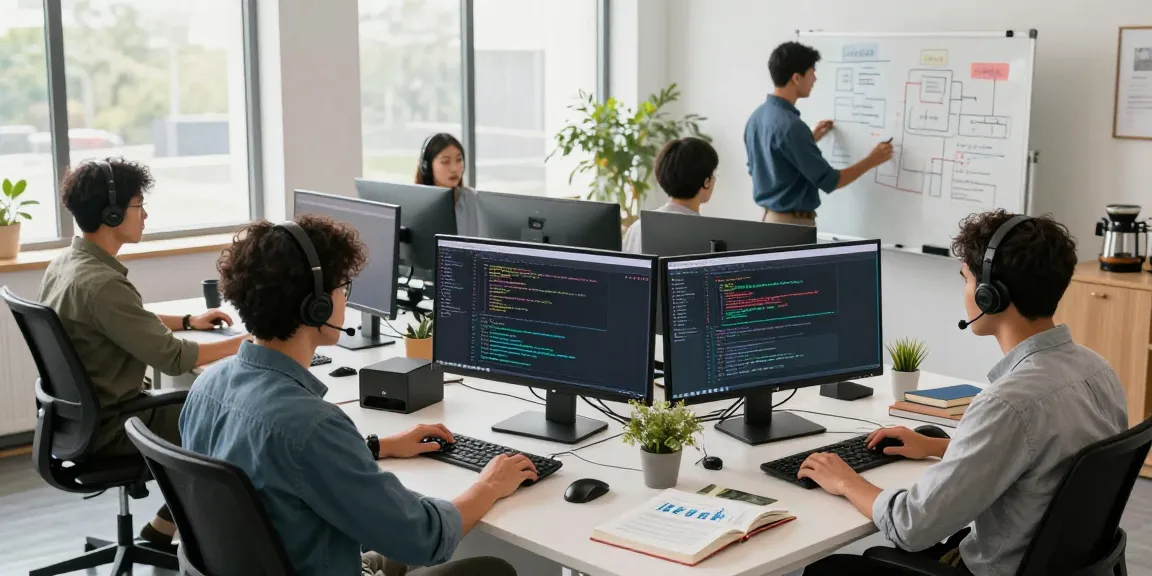 Developers collaborating in a modern office workspace, coding and brainstorming innovative solutions at telegramin-cn.com.