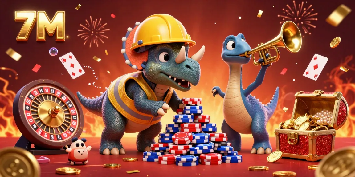 7M casino-inspired 3D illustration showcasing a triceratops crafting poker chip pyramids amidst dynamic gaming elements.