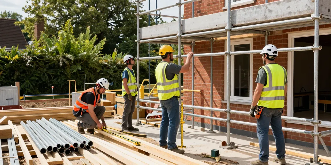 Home Extension Scaffolding Essex in action with scaffolders at a construction site ensuring safety.