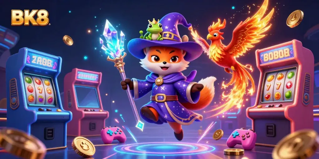 Experience excitement with BK8's fantasy-themed casino, featuring a wizard fox and a phoenix amidst vibrant game elements.