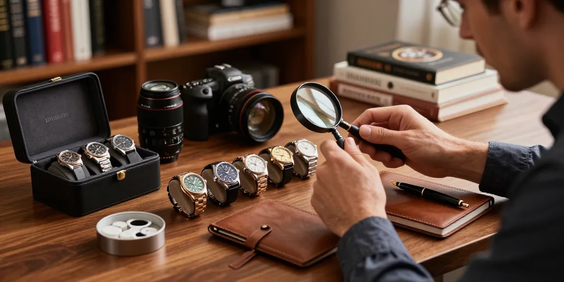Discerning watch collector examines premium clone watches with magnifying glass in a stylish setting.