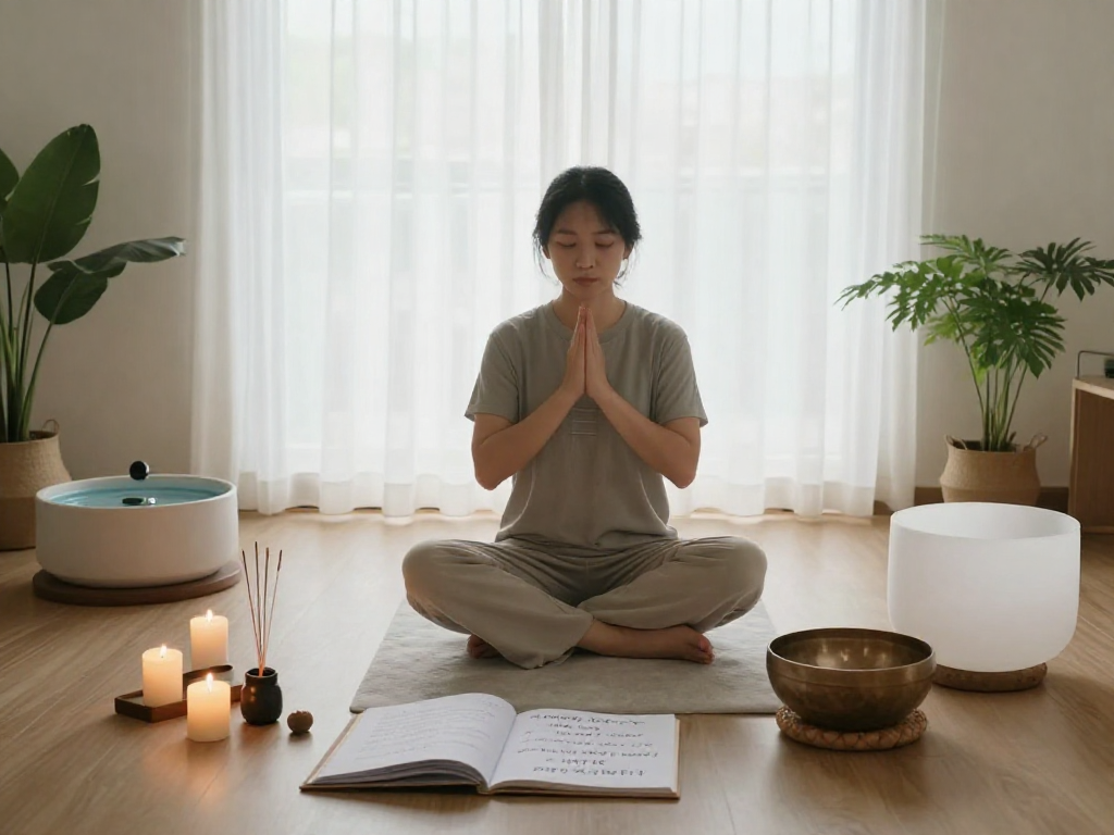 Person practicing mantra 88 in a tranquil meditation space with candles and plants.