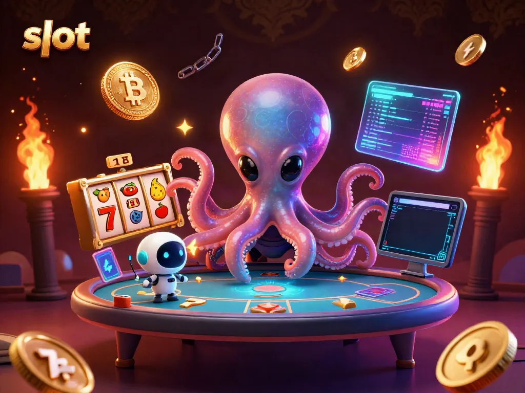 Slot yang menarik dengan alien dan robot bermain di meja poker holografis, menampilkan simbol kemenangan.