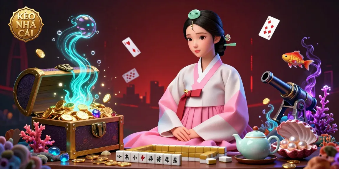 KÈO NHÀ CÁI showcases a serene Asian woman in hanbok among lively gambling elements like gold coins and playing cards.