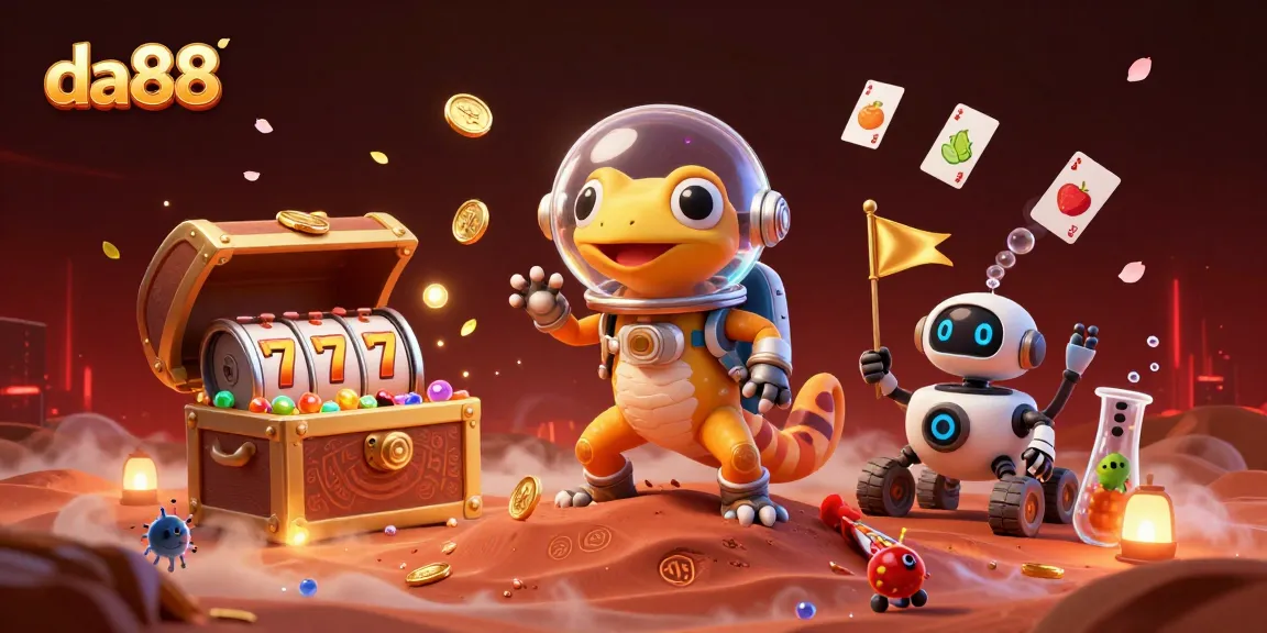 Experience excitement at da88 as a Martian gecko discovers a hidden golden casino amidst riches and vibrant games.