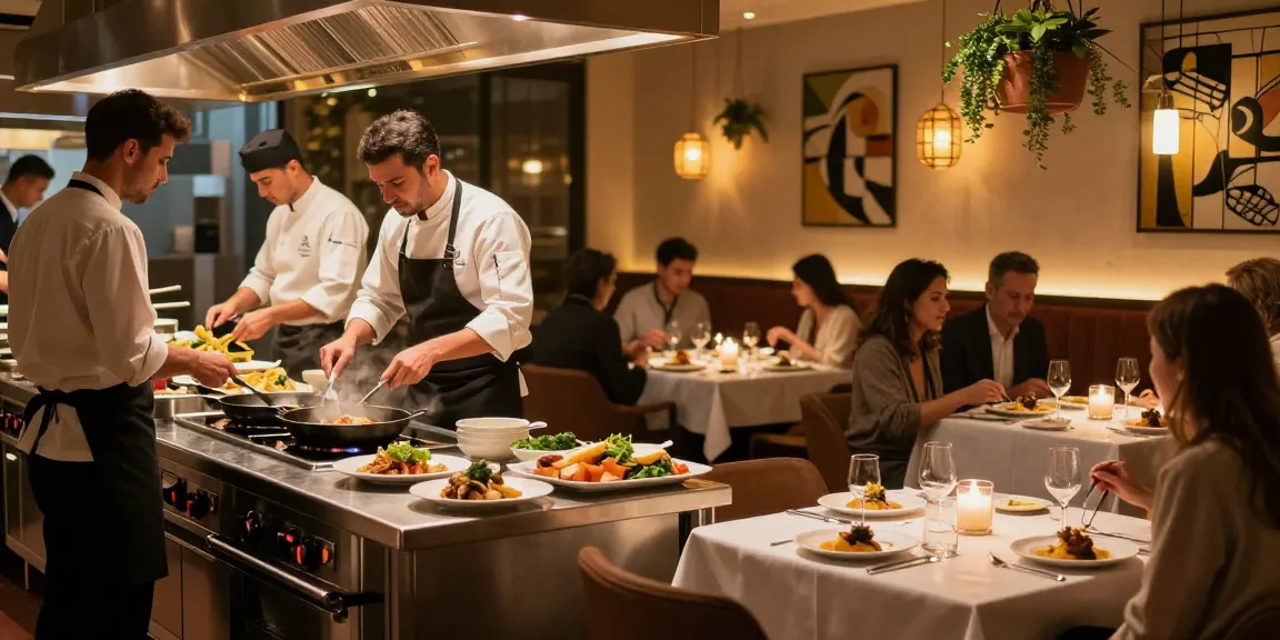 restaurant manager job description guide in a bustling restaurant kitchen with chefs and dining setup