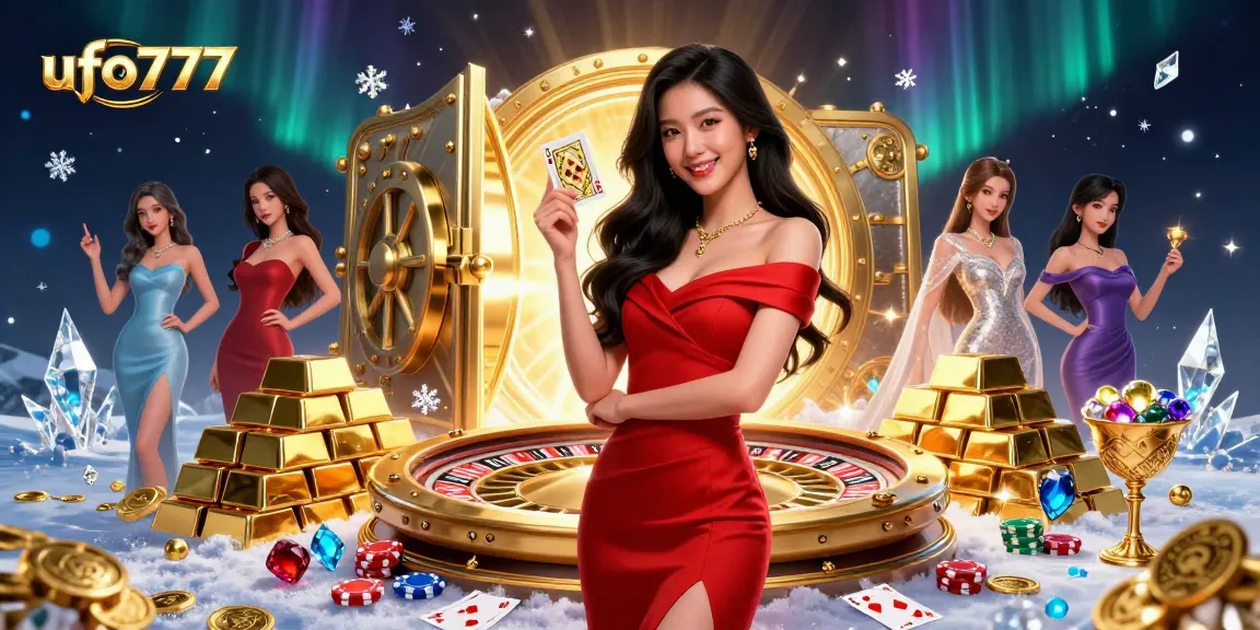 Play exciting games at ufo777 featuring a beautiful Asian woman in red dress and golden card.
