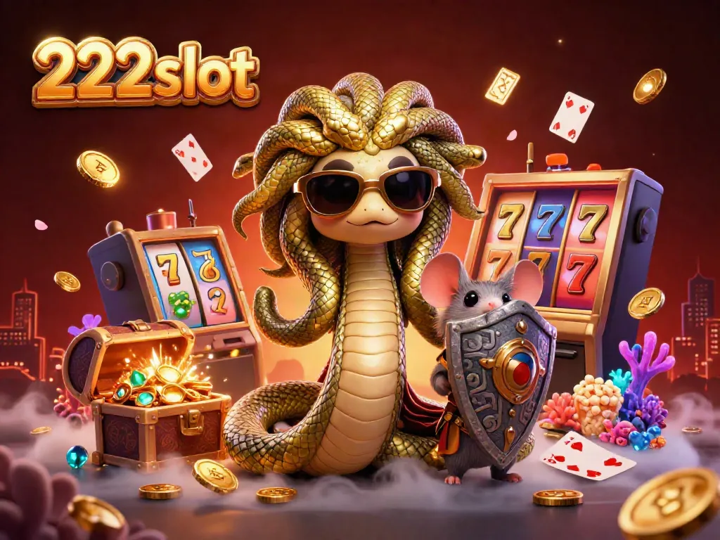 Menangkan permainan slot di 222slot dengan Medusa dan mouse pejuang di dunia kasino yang cerah.