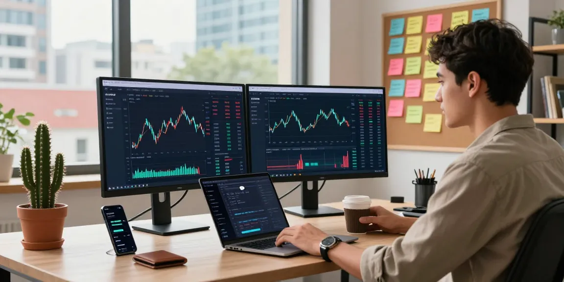 Dynamic trading setup for OKX crypto exchange with professional analyzing market data in a modern workspace.