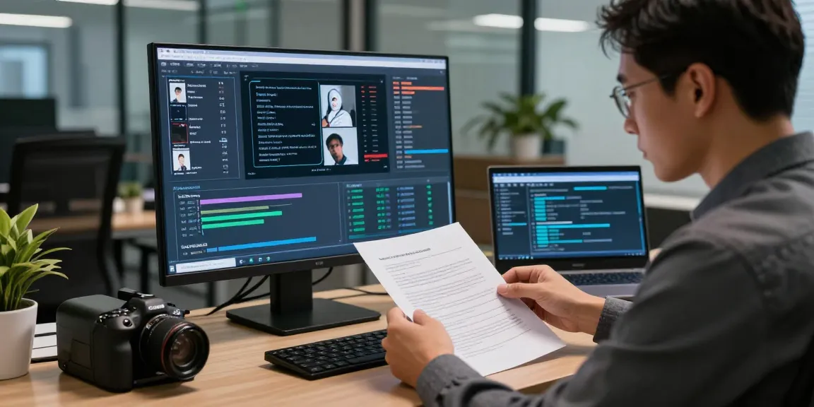 Document fraud detection analysis with a professional examining suspicious documents using advanced technology in a modern office.