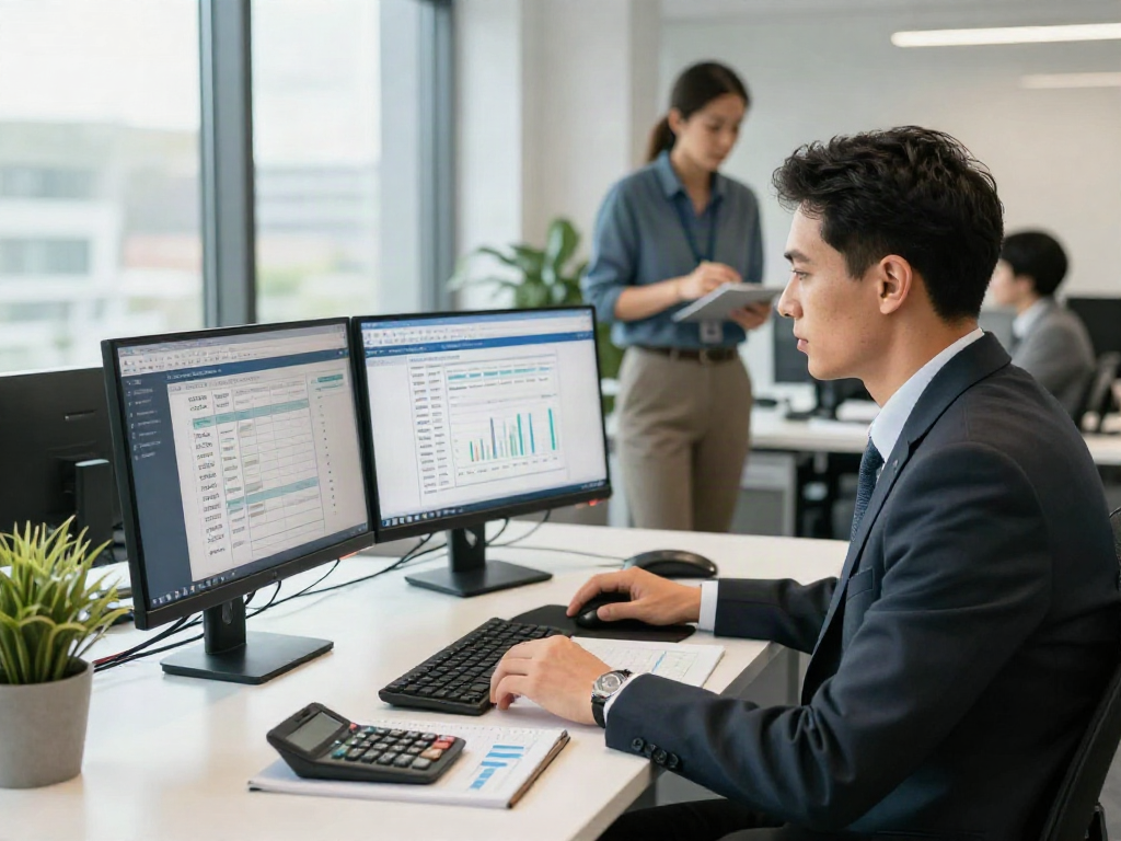 SMSF Accountant working diligently in a modern office setting, showcasing professionalism and expertise in financial management.