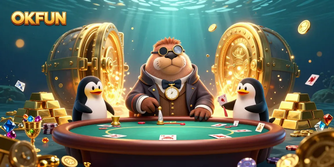Experience excitement at OKFUN with a jolly walrus playing poker underwater, surrounded by treasures.