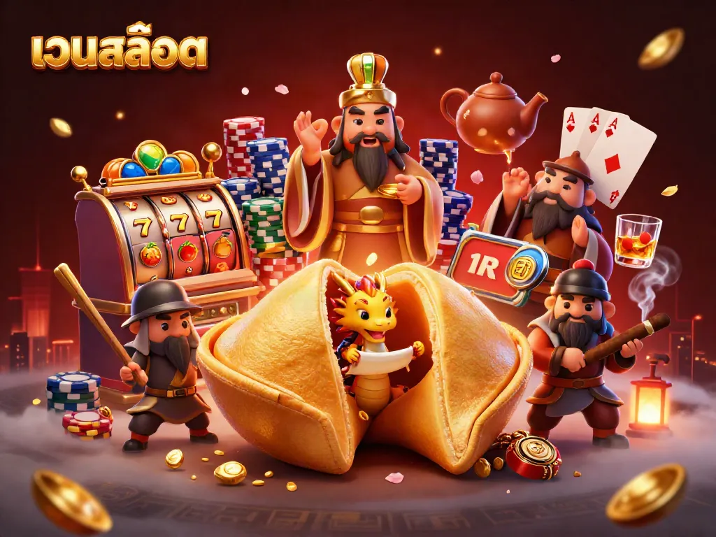 Engaging illustration of เว็บสล็อต with vibrant slot machine elements and animated characters in a casino setting.