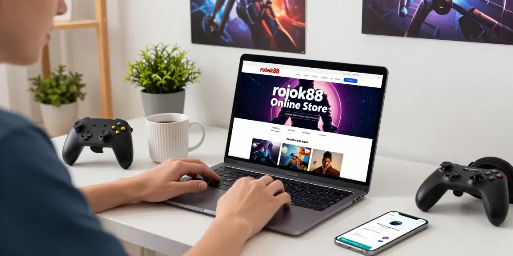 Engaging scene of a user exploring rokok88 online game store from a stylish home office, showcasing gaming gear and vibrant ambiance.